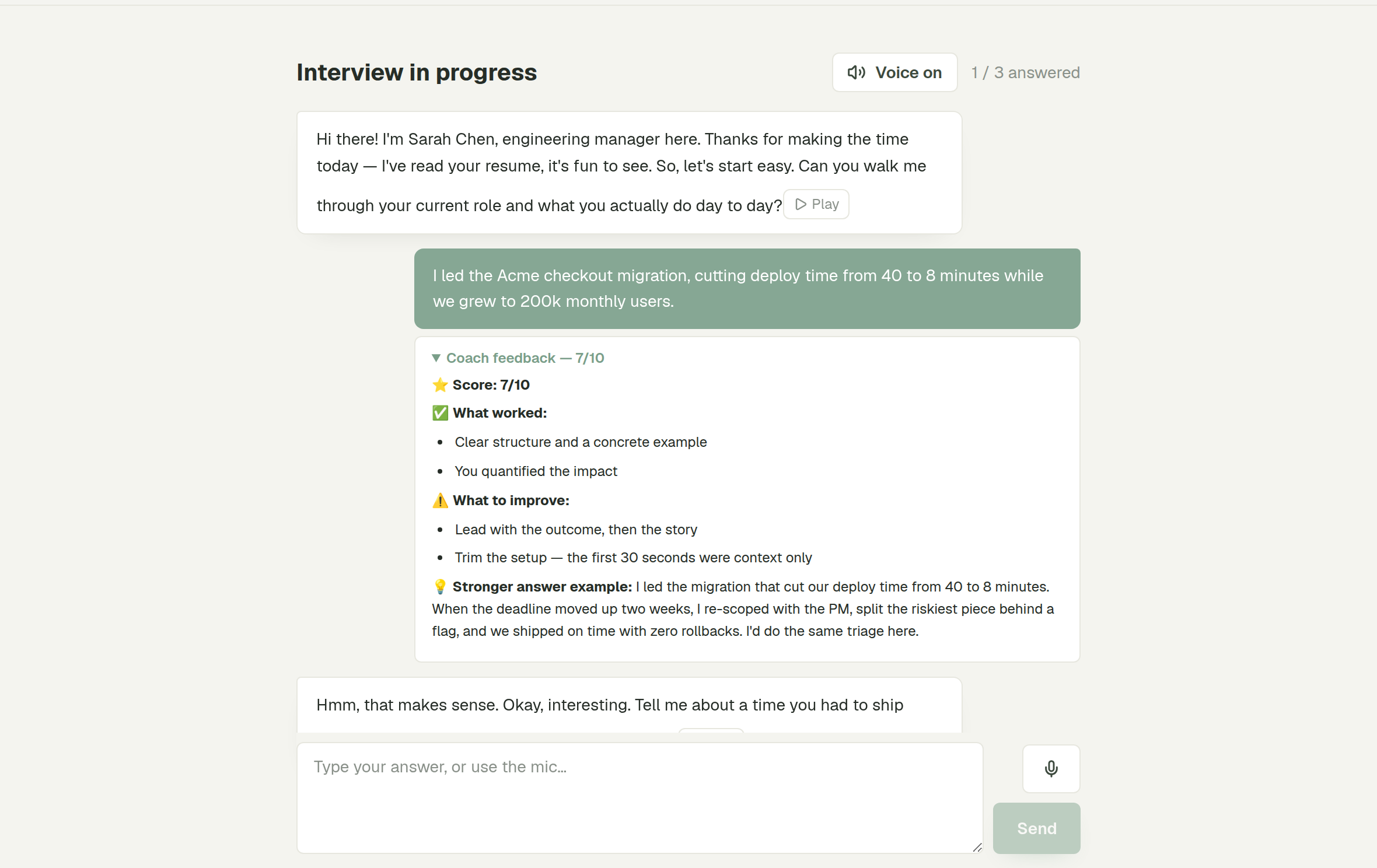 A live Intervio practice interview with scored coach feedback