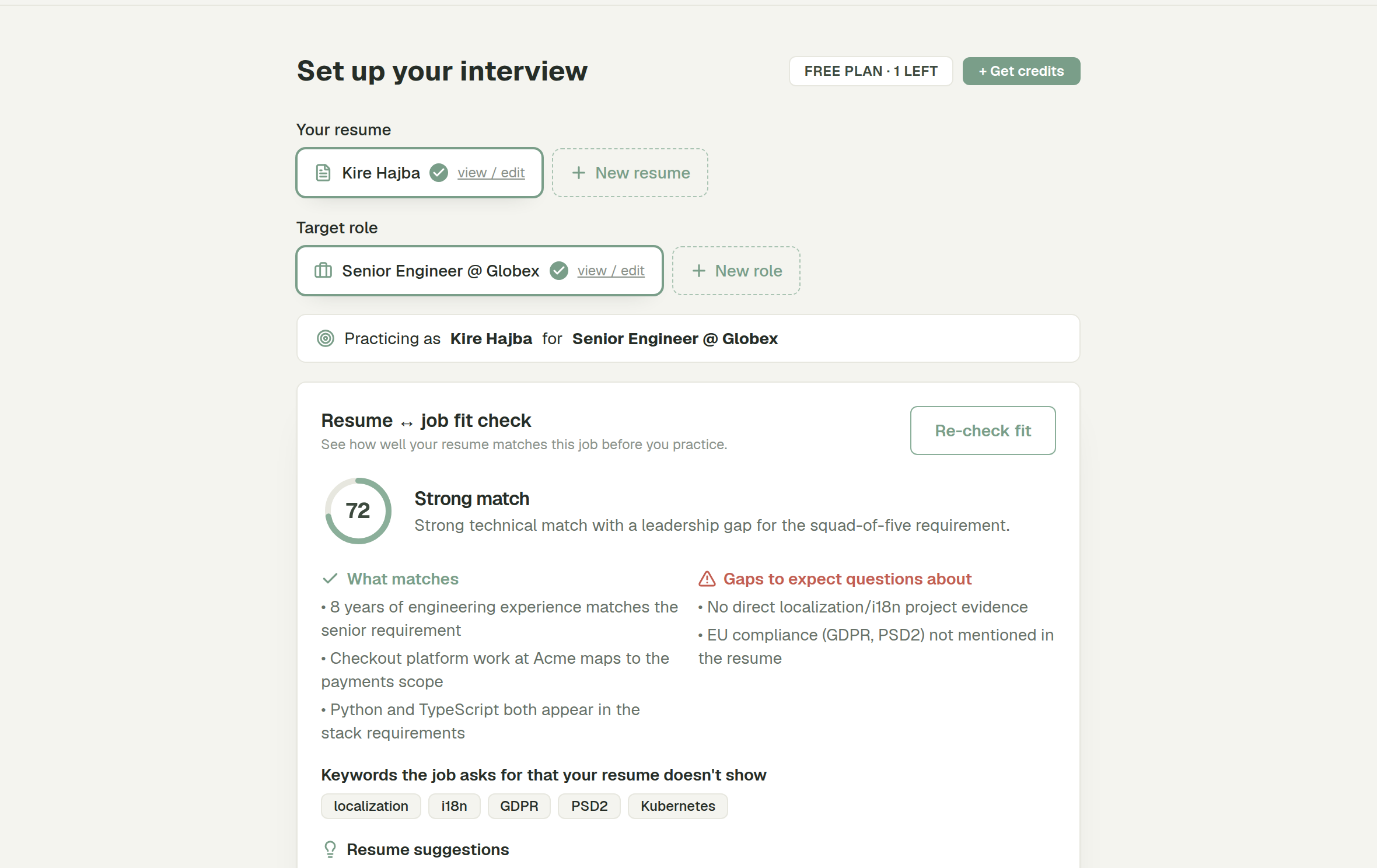 Intervio setup with saved resume and role cards and the resume-to-job fit score
